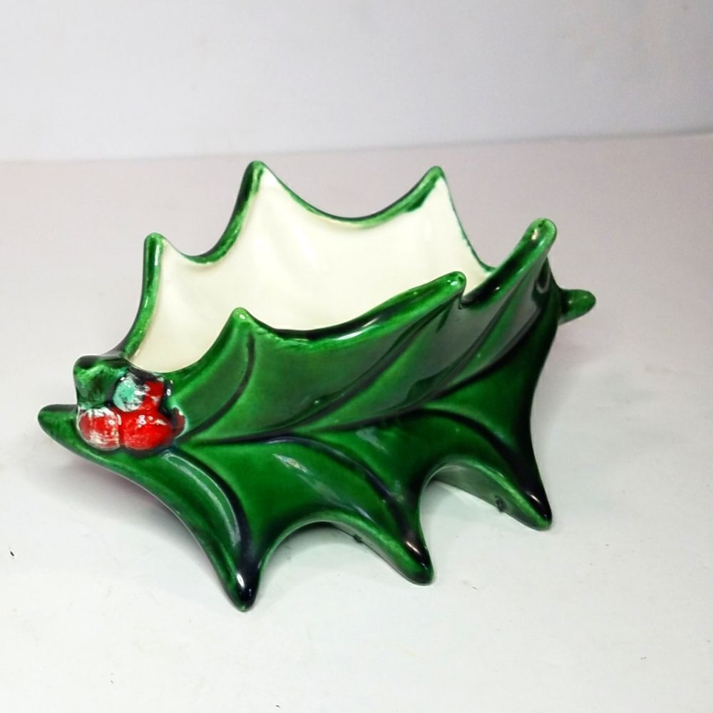 1980s Vintage Atlantic Mold Ceramic Christmas Holly Berry Small Bowl Dish